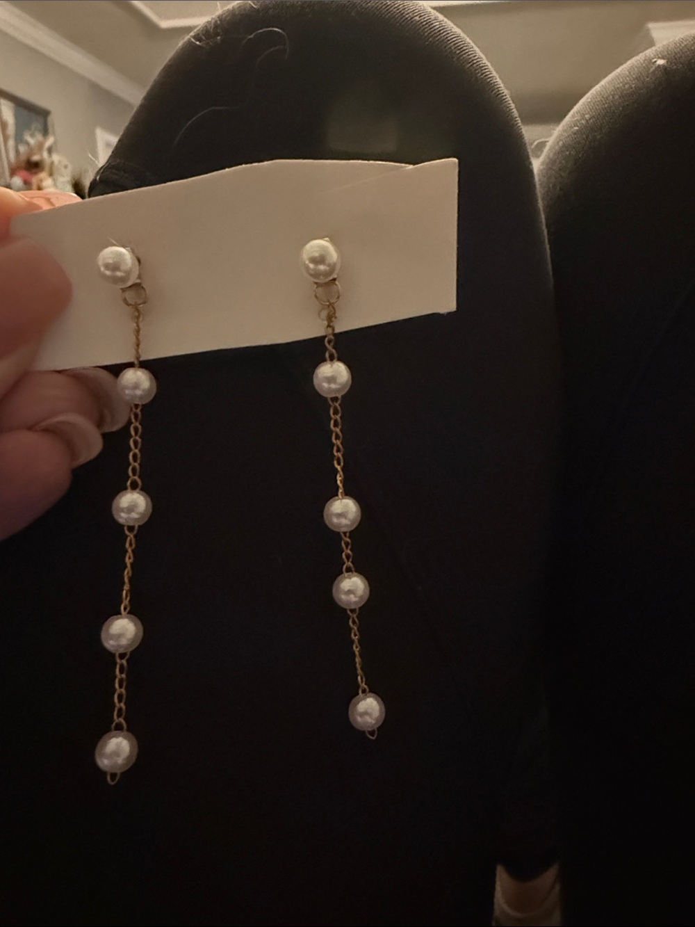 Pearl Drop Chain Earrings - Gold Tone